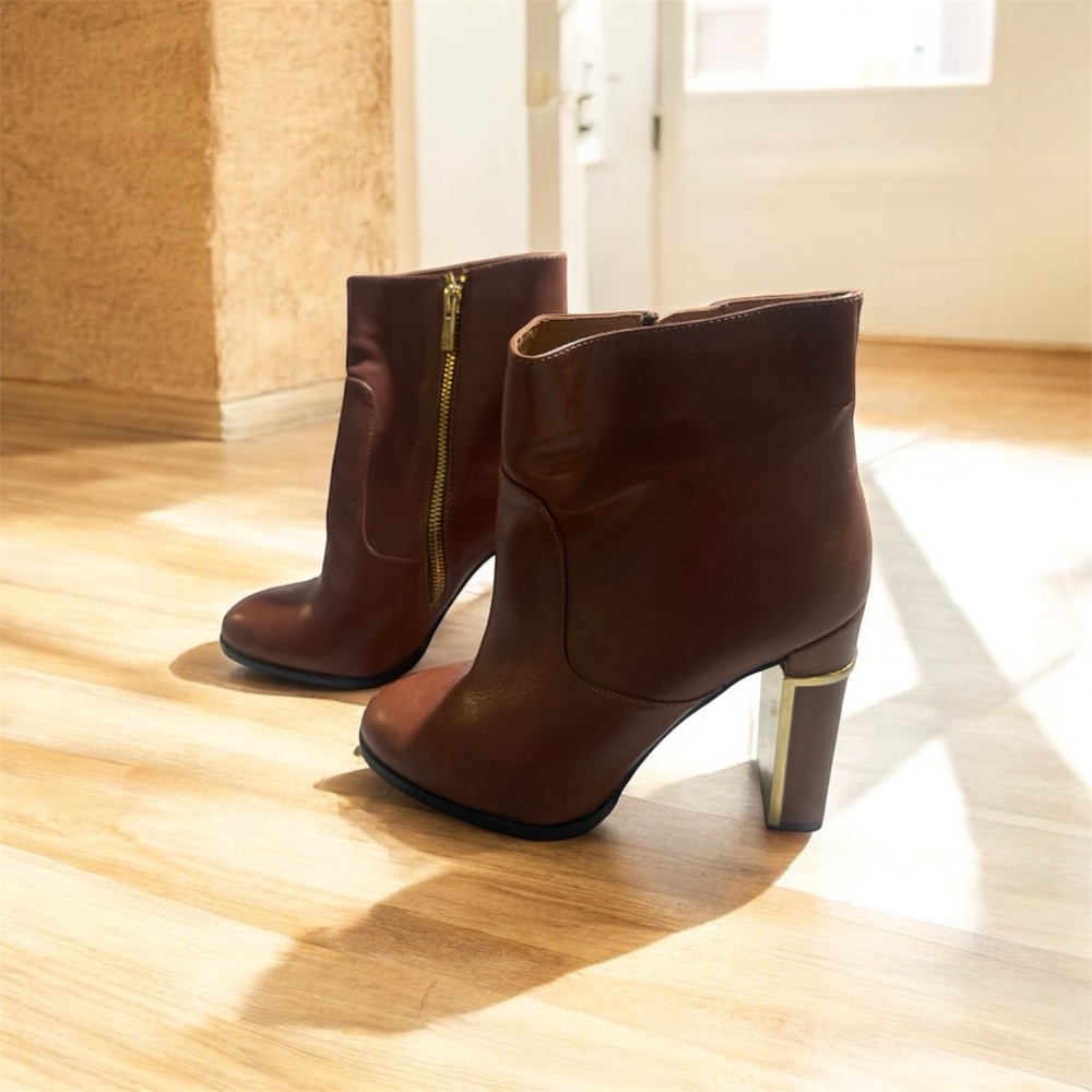 Calvin Klein Brown Heeled Boots with Gold Zipper
